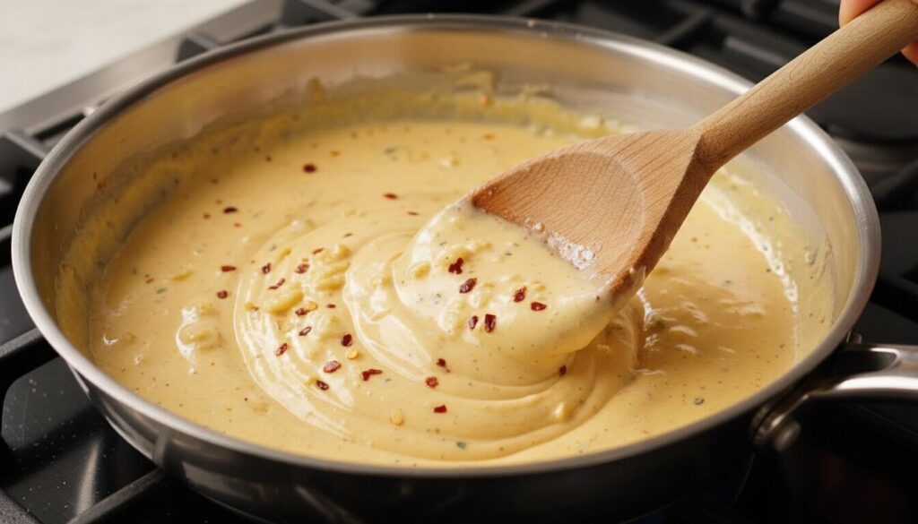 Homemade creamy garlic butter sauce simmering in a pan.