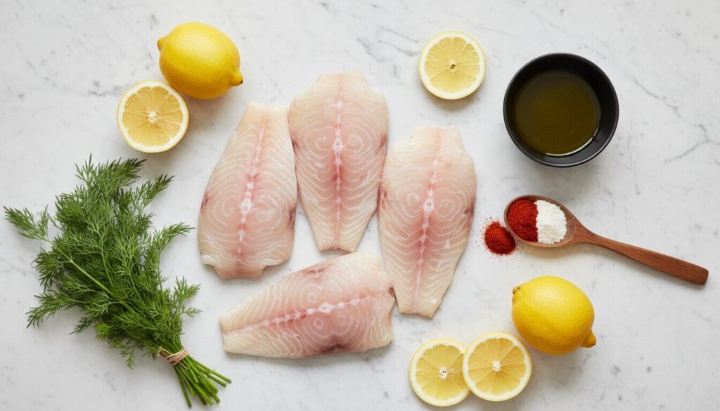 Ingredients for Mediterranean air fryer cod including raw fish, spices, and fresh herbs.