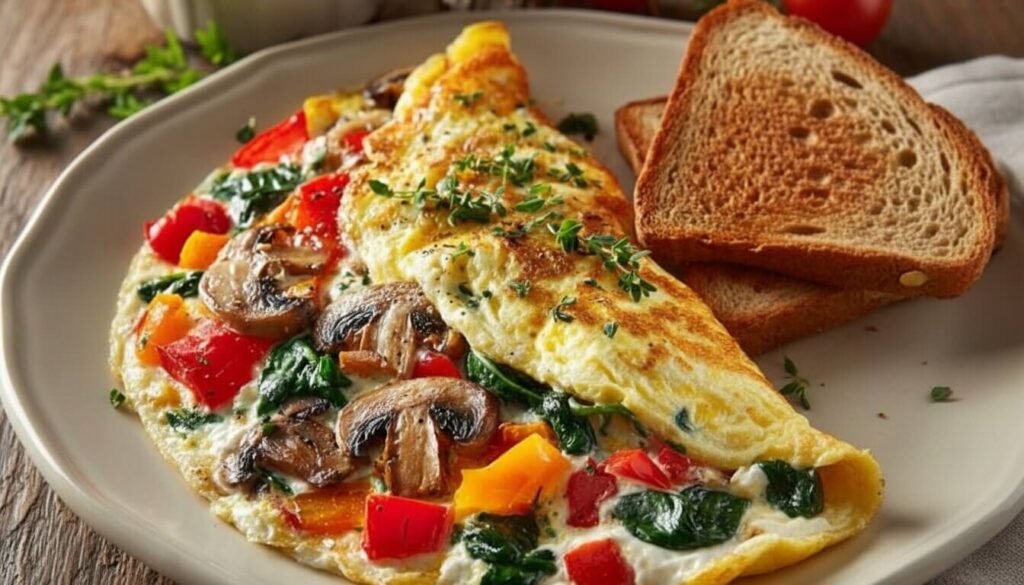 Mediterranean Loaded Veggie Omelette Recipe with spinach and mushrooms.