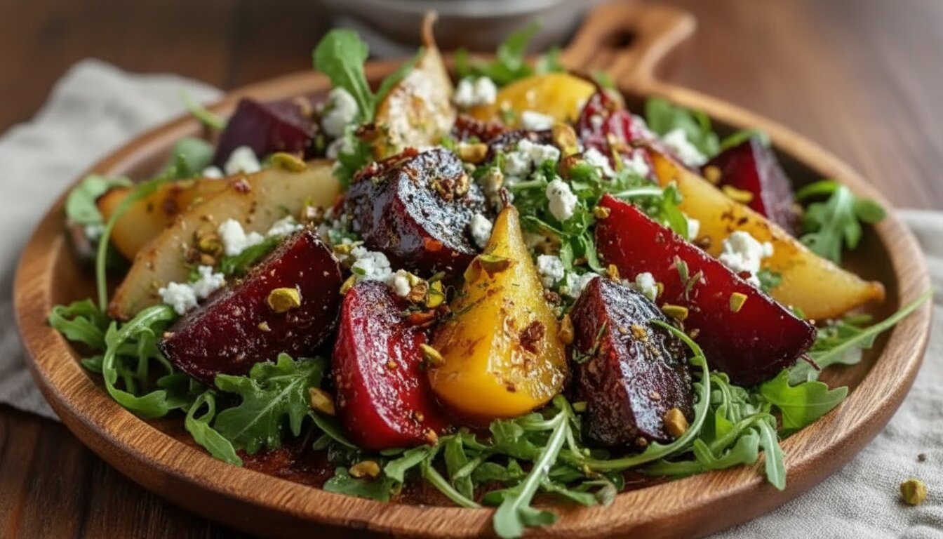 Roasted Beet and Caramelized Pear Salad with feta and walnuts.
