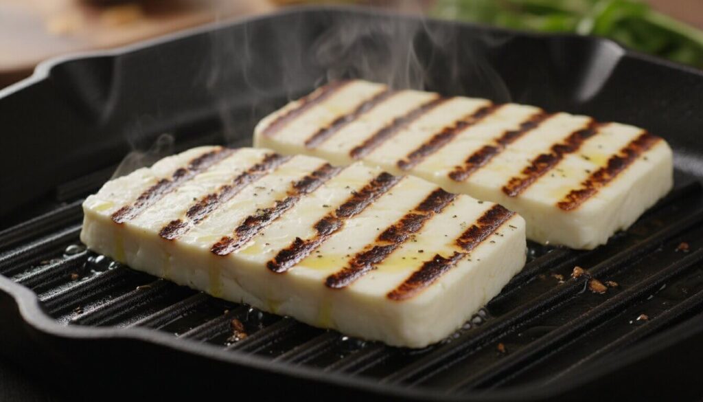 pan seared halloumi with tomatoes and olives