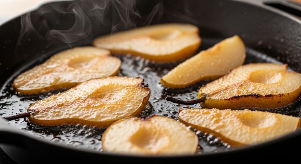 Caramelizing pear slices in a pan for salad.