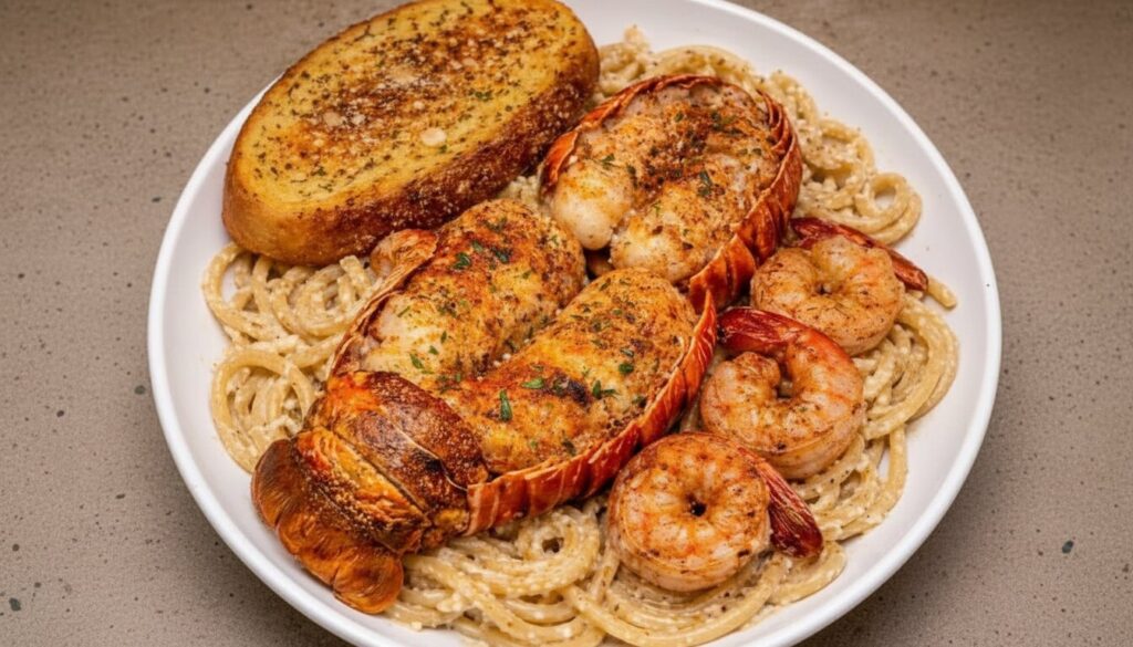 Creamy Garlic Parmesan Lobster and Shrimp Pasta garnished with parsley.