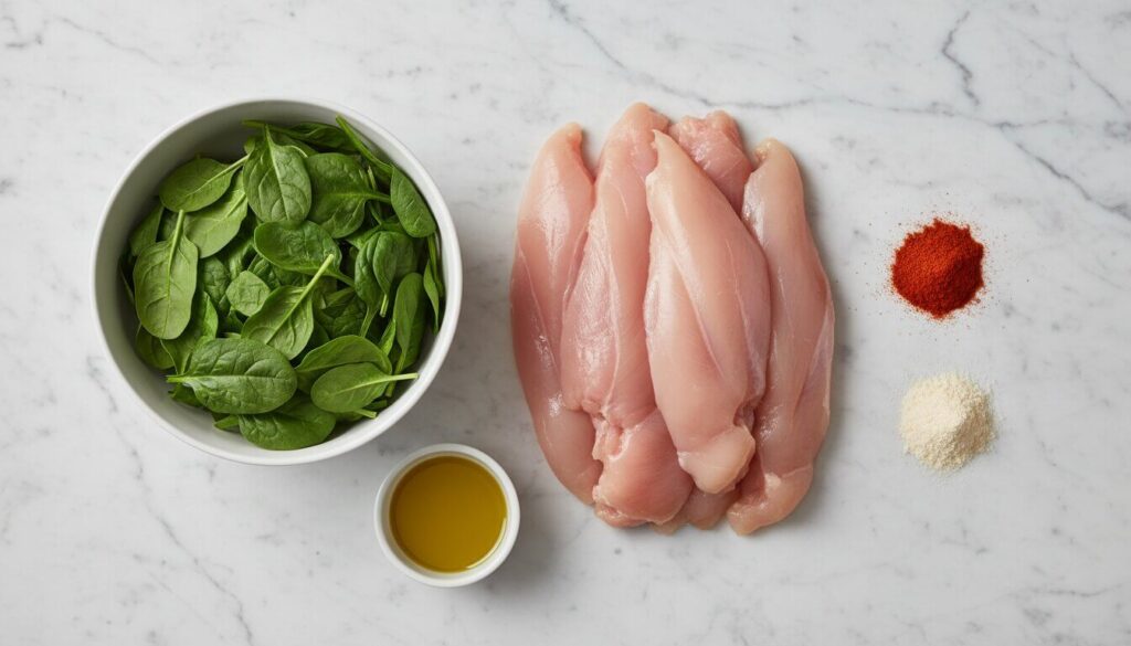 Ingredients for spinach chicken tenders recipe including chicken breast, spinach, and spices.