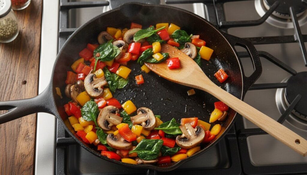 Sautéing fresh vegetables for a healthy omelette recipe.