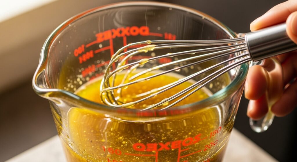 Whisking a healthy vinaigrette for broccoli apple salad dressing using olive oil, lemon, and dijon mustard.