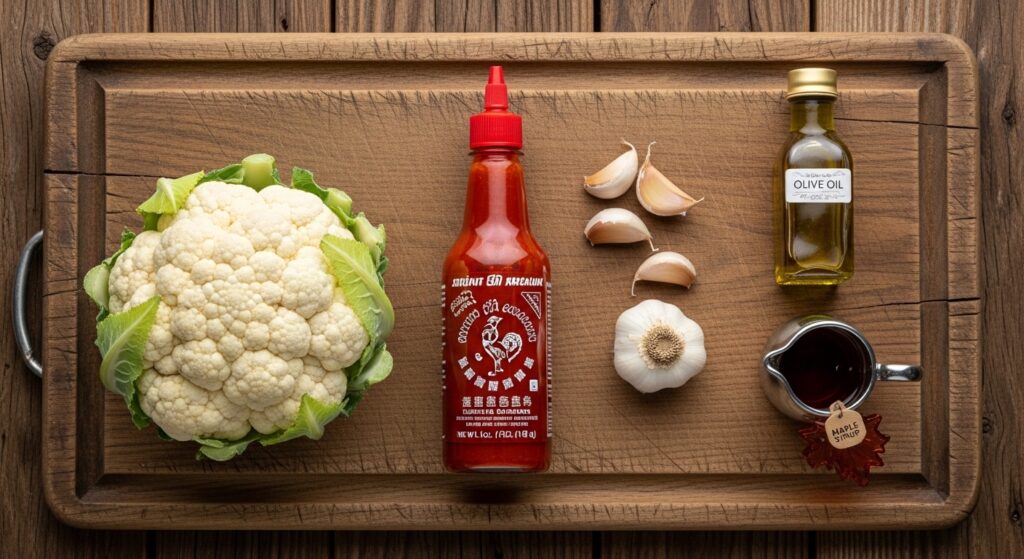 Ingredients for making maple sriracha roasted cauliflower recipe.