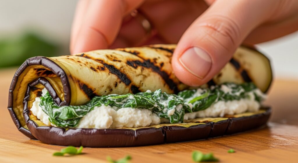 Step-by-step assembly of eggplant rolls with ricotta and spinach.