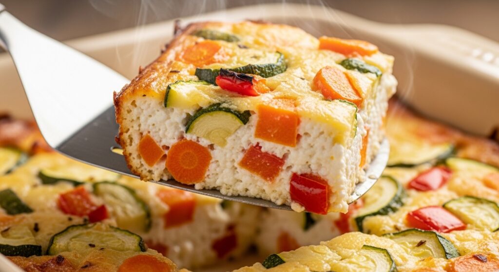 Close up of creamy cottage cheese vegetable bake texture.