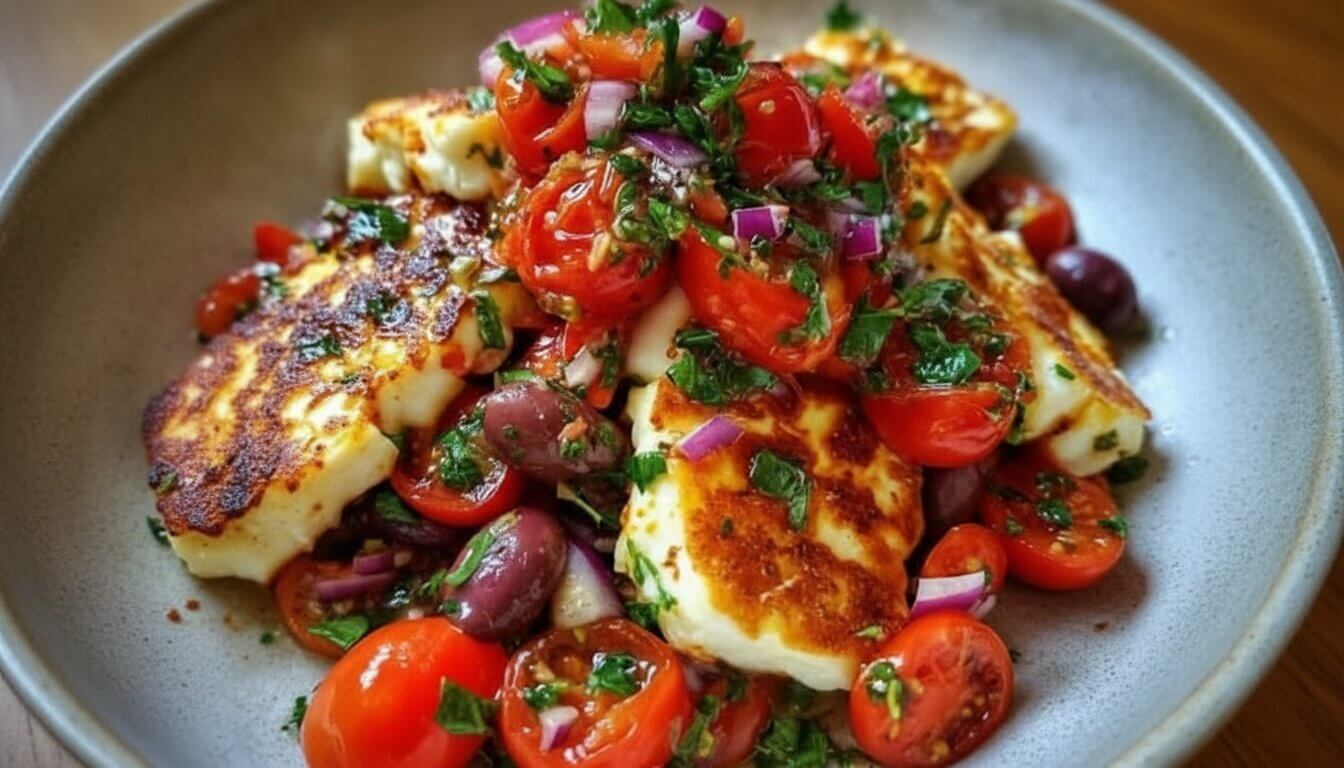 grilled halloumi with tomato olive salsa