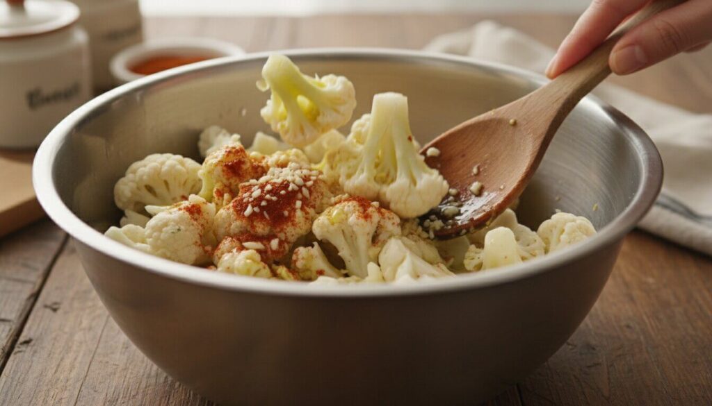 Tossing raw cauliflower florets with olive oil and Mediterranean spices.