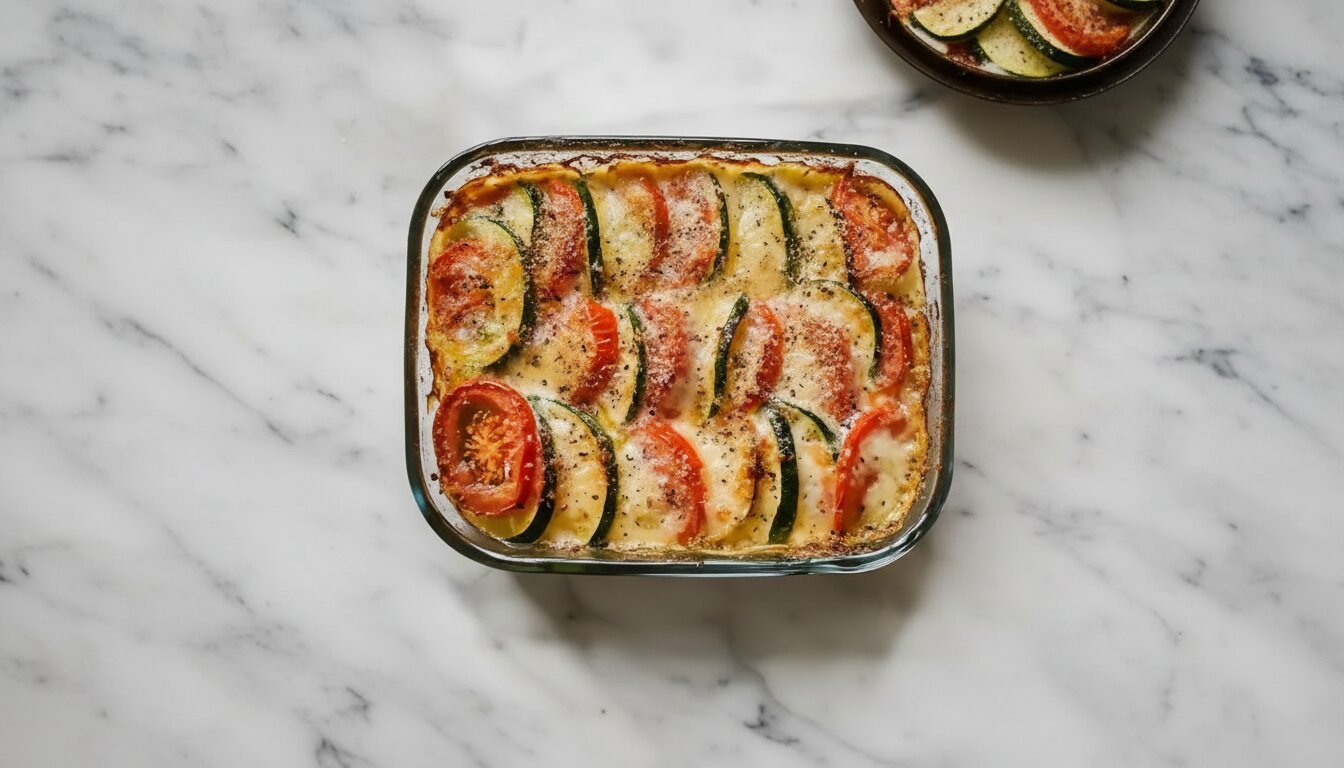 Easy Tomato and Zucchini Gratin in a white baking dish garnished with basil.