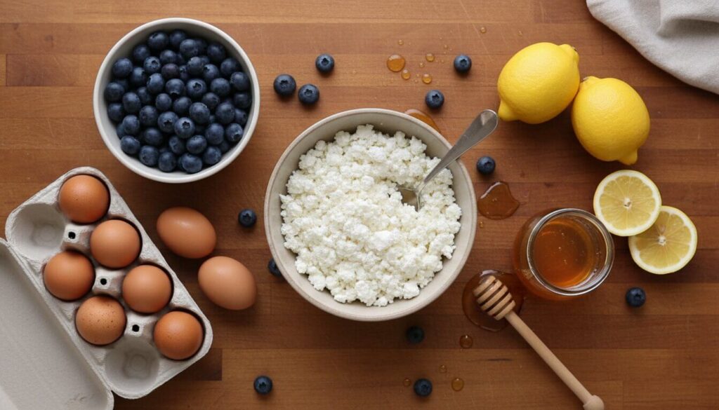 Whole food ingredients for a Mediterranean breakfast bake including cottage cheese and berries.