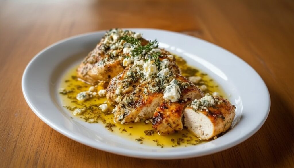 Top-down view of cooked Greek lemon chicken with melted feta and herbs in a cast iron skillet.