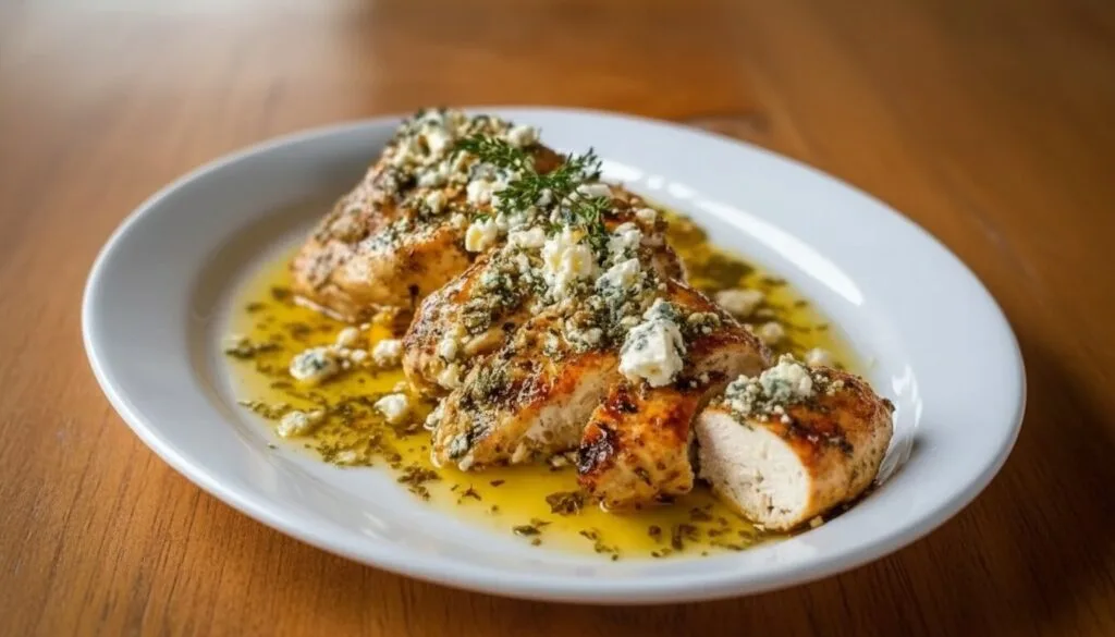 Top-down view of cooked Greek lemon chicken with melted feta and herbs in a cast iron skillet.