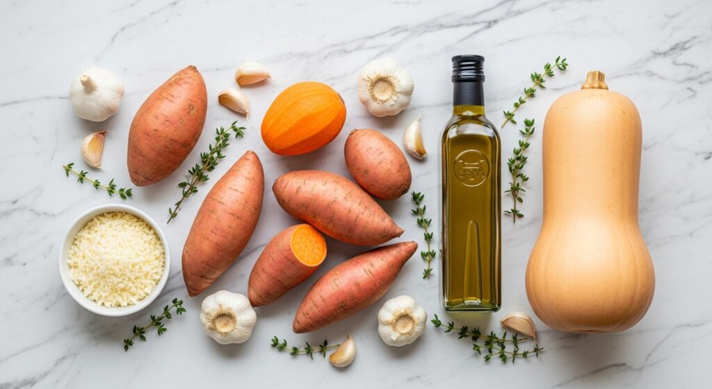 Flat lay overhead view of raw sweet potatoes, butternut squash, olive oil, garlic, and fresh thyme on marble.