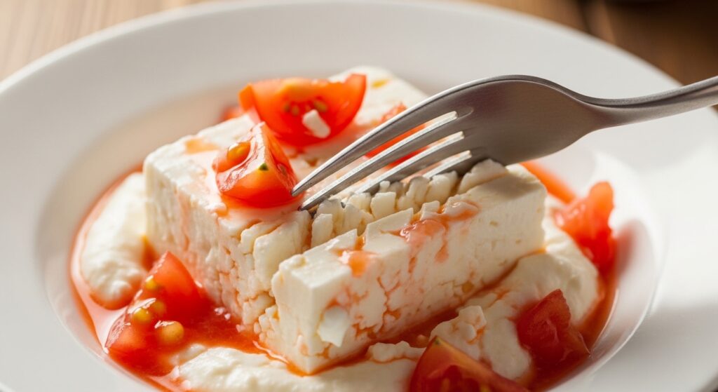 Mashing soft feta cheese into chickpeas and tomatoes.