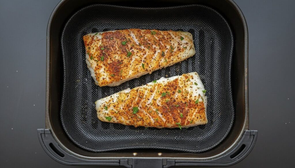 Seasoned cod fillets cooking inside an air fryer basket.
