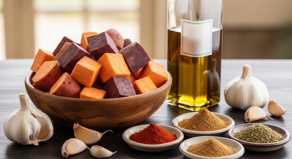 ngredients for healthy roasted sweet potatoes recipe including olive oil and garlic.