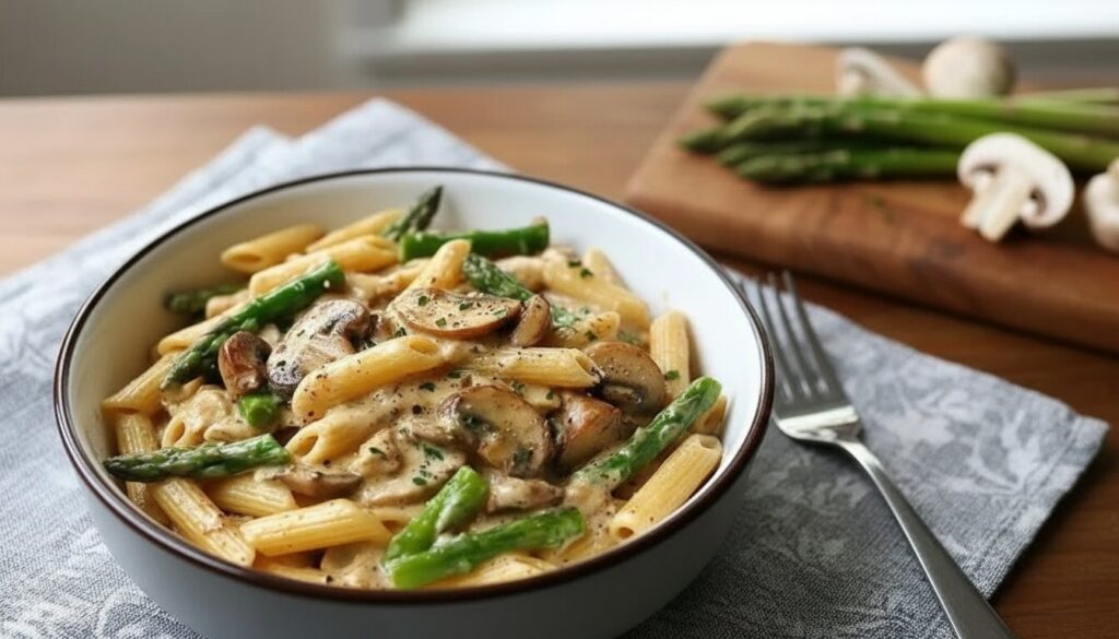 Mushroom and Asparagus Chicken Penne recipe served in a white bowl.