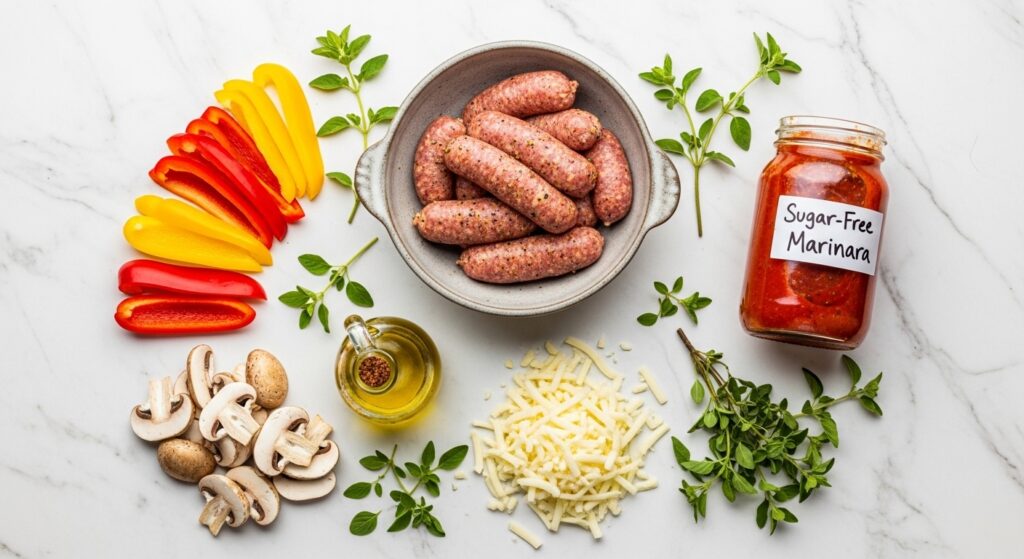 Measured ingredients for making a keto crustless pizza bowl on a white marble background.