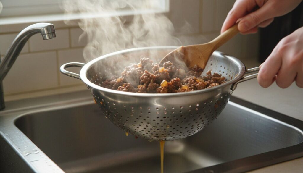 Draining fat from cooked ground beef and onions in a colander.