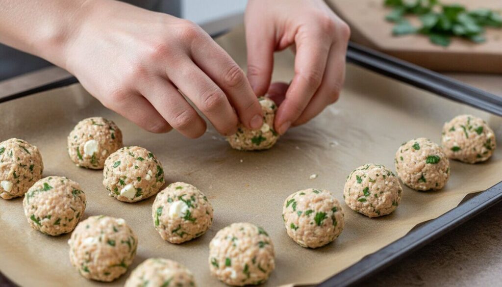 Hands shaping raw Greek chicken meatballs with feta and herbs.