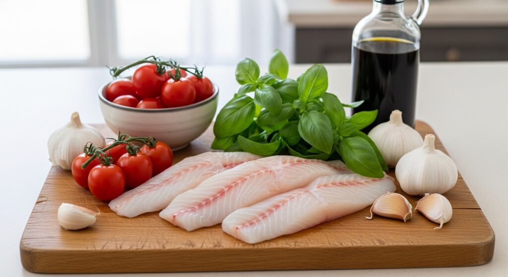 Fresh ingredients for Mediterranean cod in tomato sauce including fish, garlic, and tomatoes.