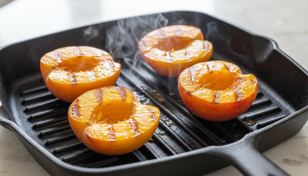 Fresh peach halves grilling on a cast iron pan.