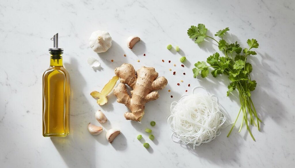 Fresh ingredients for immune-boosting ginger garlic soup including ginger, garlic, and herbs.