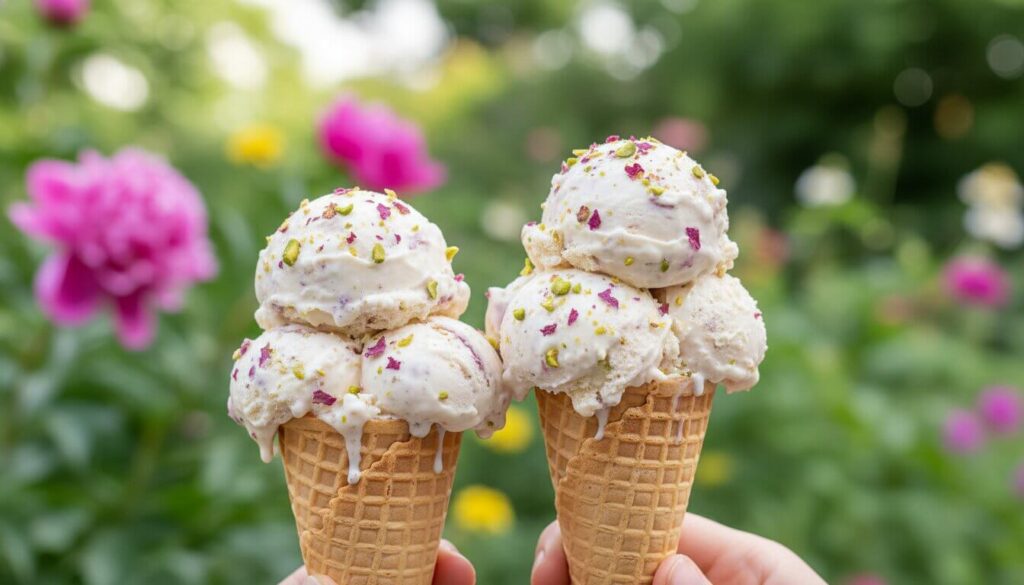 Rose pistachio cheesecake ice cream served in waffle cones.