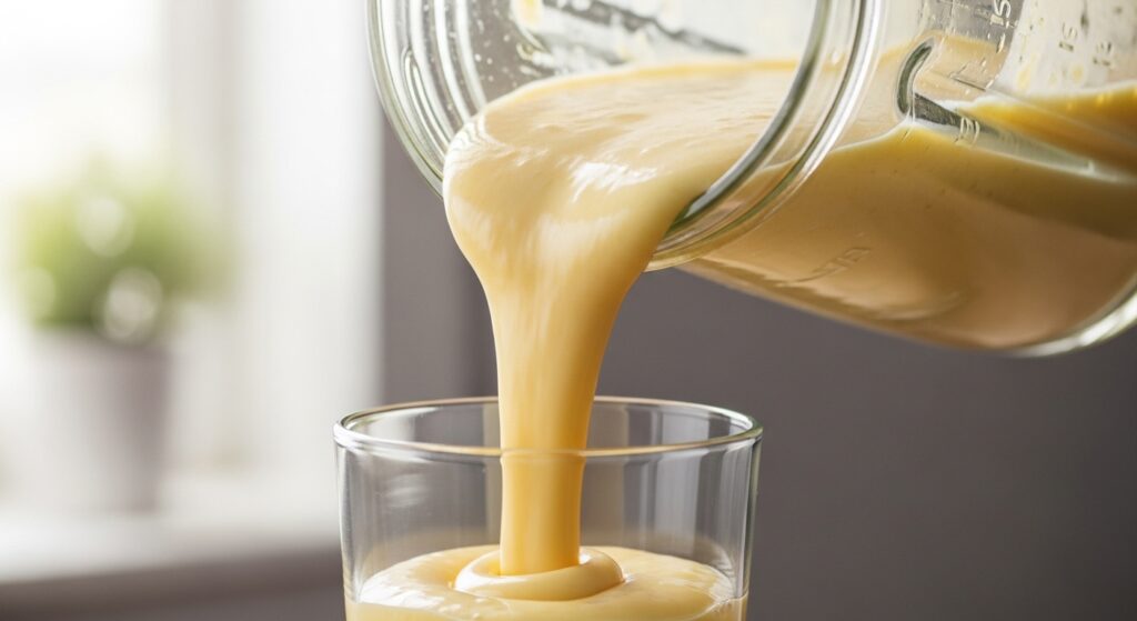 Pouring a creamy yellow lemon-ginger smoothie into a glass.