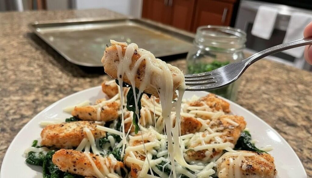 Melted mozzarella cheese on a chicken spinach tender.