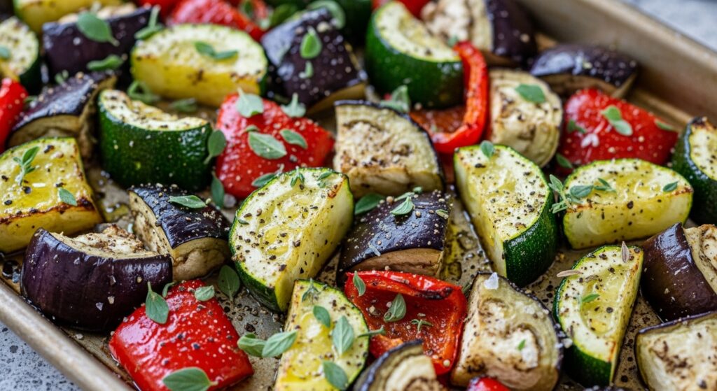 Colorful roasted Mediterranean vegetables for lasagna filling.