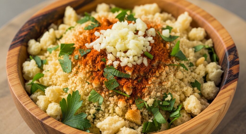 A bowl of seasoned breadcrumb topping for baked cod.