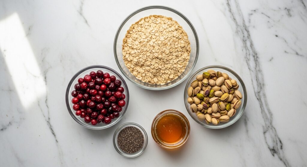 Raw ingredients for Mediterranean pistachio cranberry chia bars including oats, nuts, and honey on white marble.