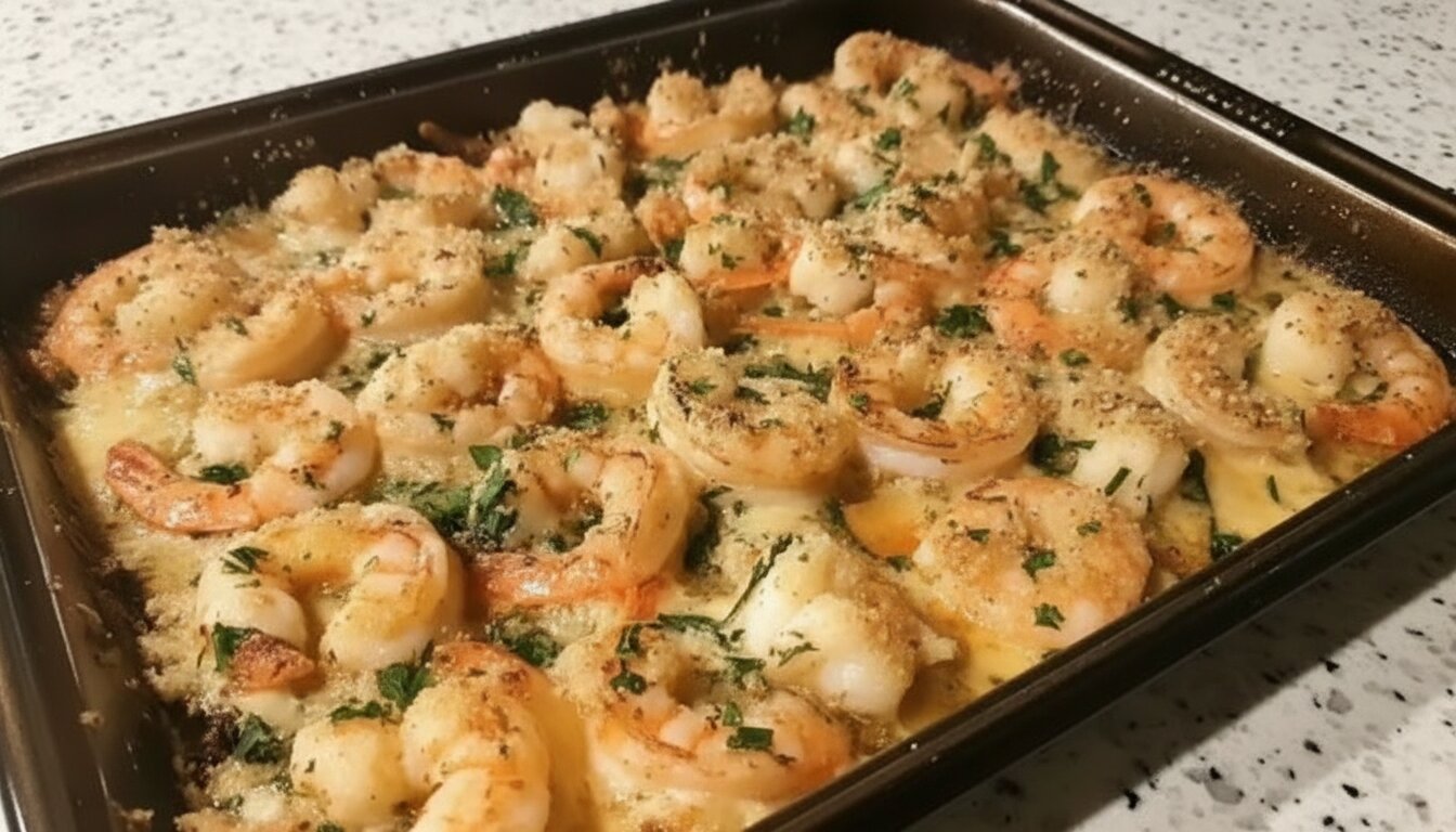 A white plate filled with Garlic Parmesan Baked Shrimp garnished with parsley and lemon wedges.