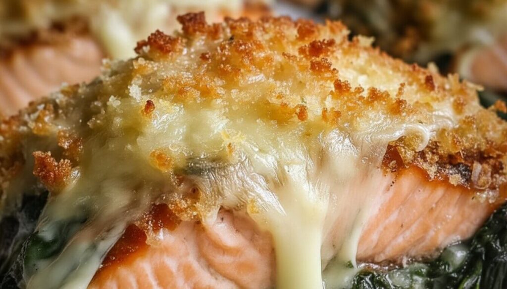 Close-up of melted mozzarella and breadcrumb crust on baked salmon.
