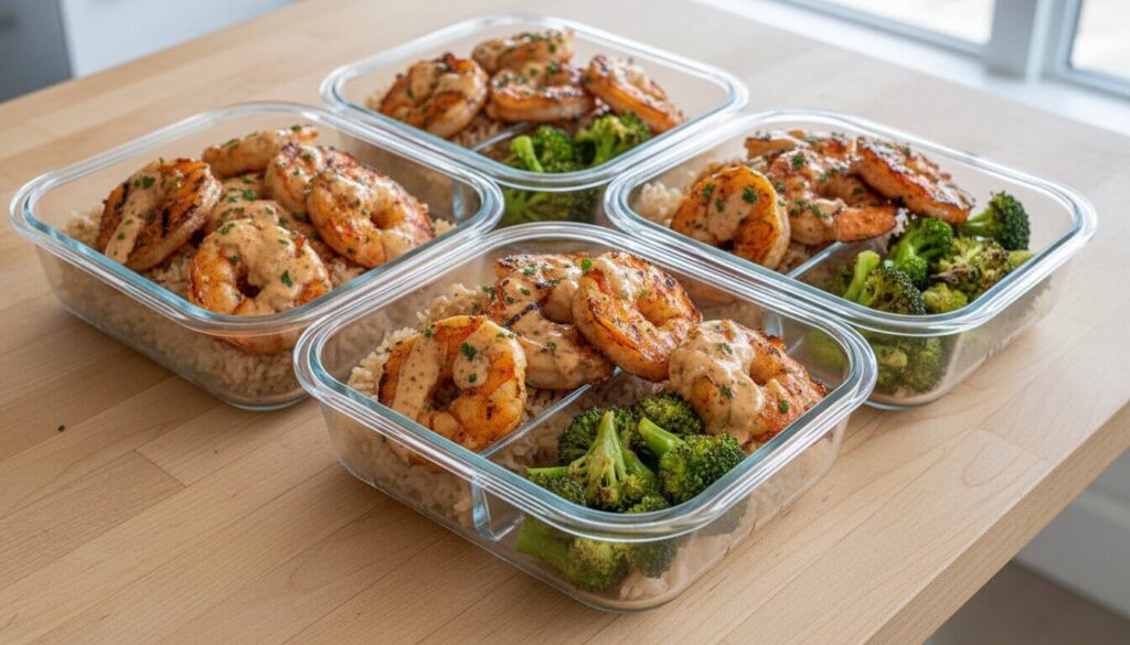 Healthy shrimp rice bowl meal prep containers for the week.