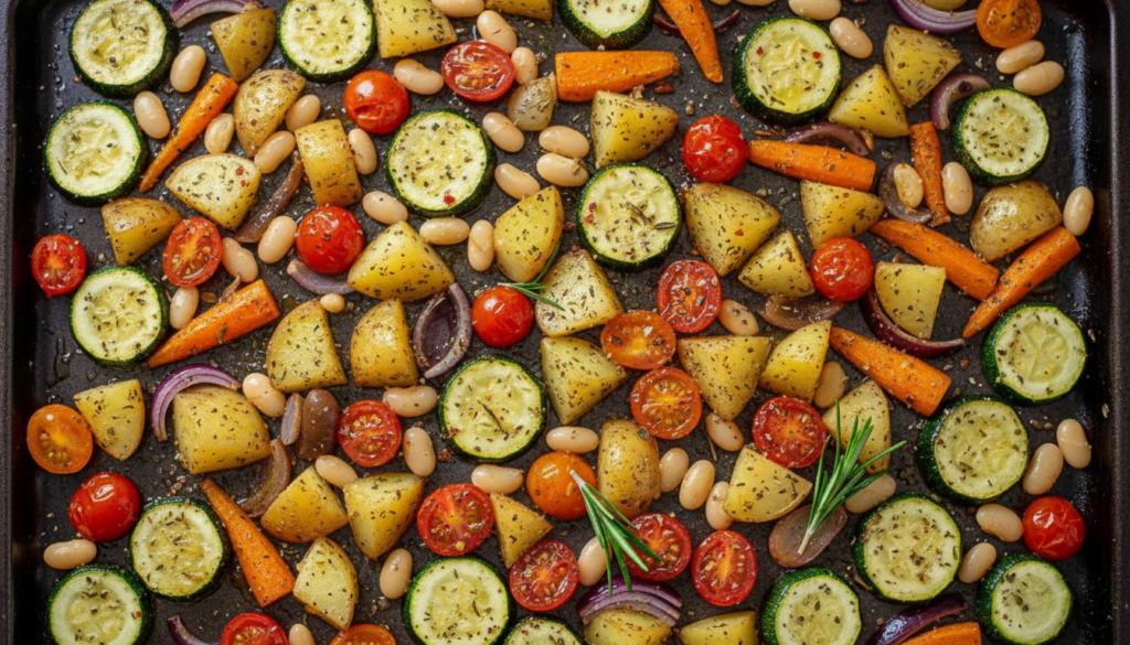 Mediterranean vegetables spread on a baking sheet before roasting.