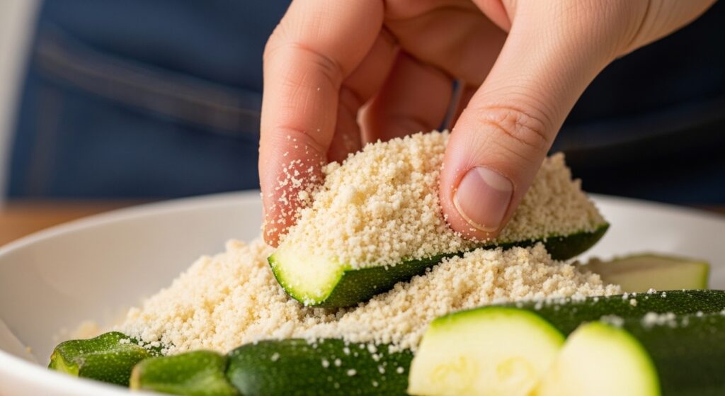 Hand coating a zucchini slice in Panko and Parmesan cheese.