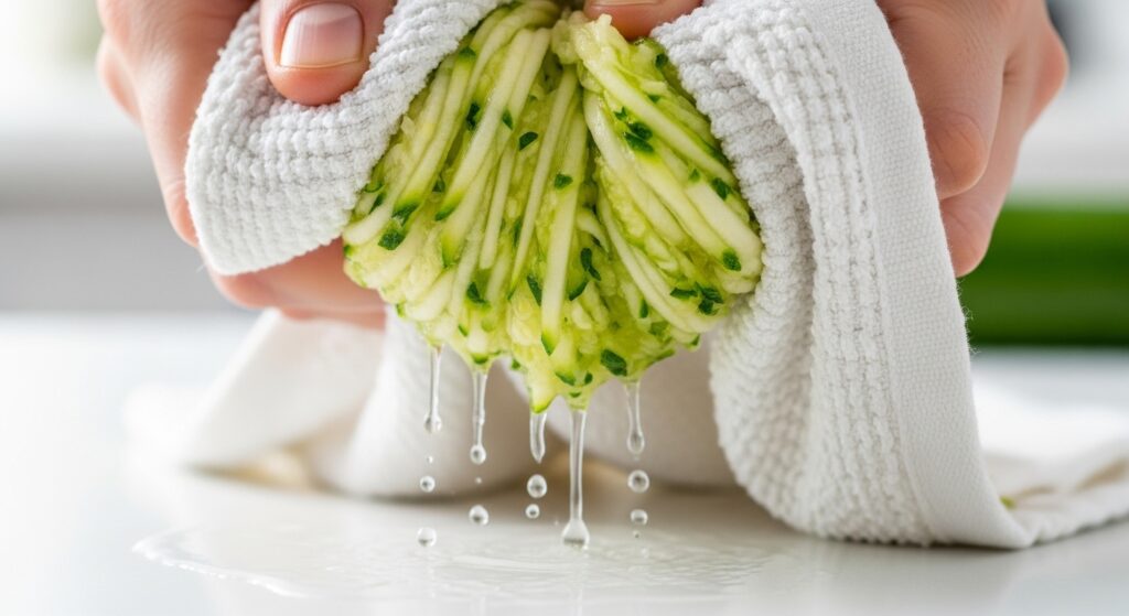 Squeezing water out of grated zucchini for a vegetable slice recipe