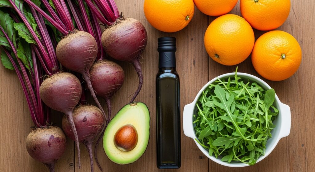 Fresh ingredients for Mediterranean beet salad including oranges and avocado.