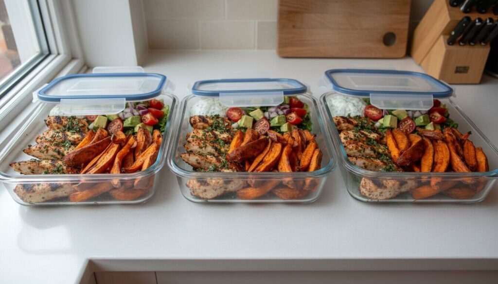Meal prep containers with grilled chicken sweet potato bowls