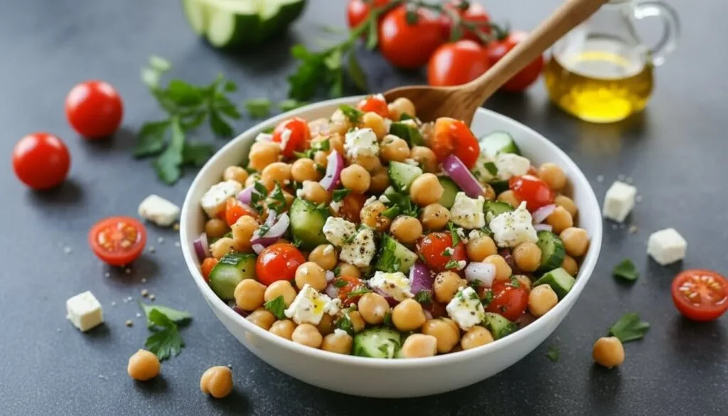 A colorful Mediterranean Chickpea Salad recipe featuring cucumbers, tomatoes, and feta cheese in a white bowl.