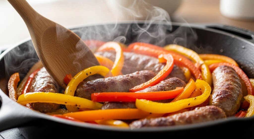 Browning Italian sausage and bell peppers in a cast iron skillet for a pizza bowl.
