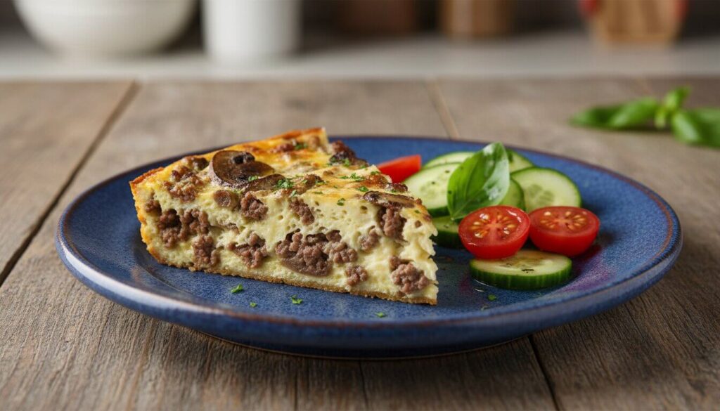 A slice of crustless quiche served with a side of Mediterranean salad.