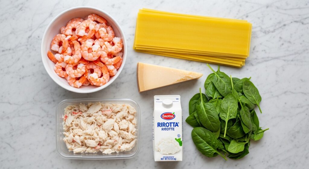 Ingredients for creamy seafood lasagna including shrimp, crab, ricotta, and spinach.