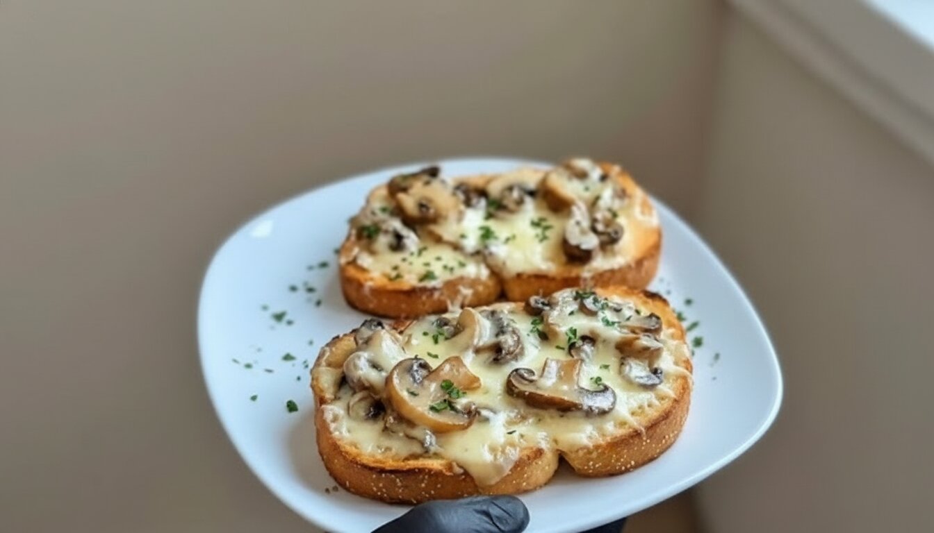 Cheesy mushroom and garlic toast on a white plate with melted cheese and parsley.