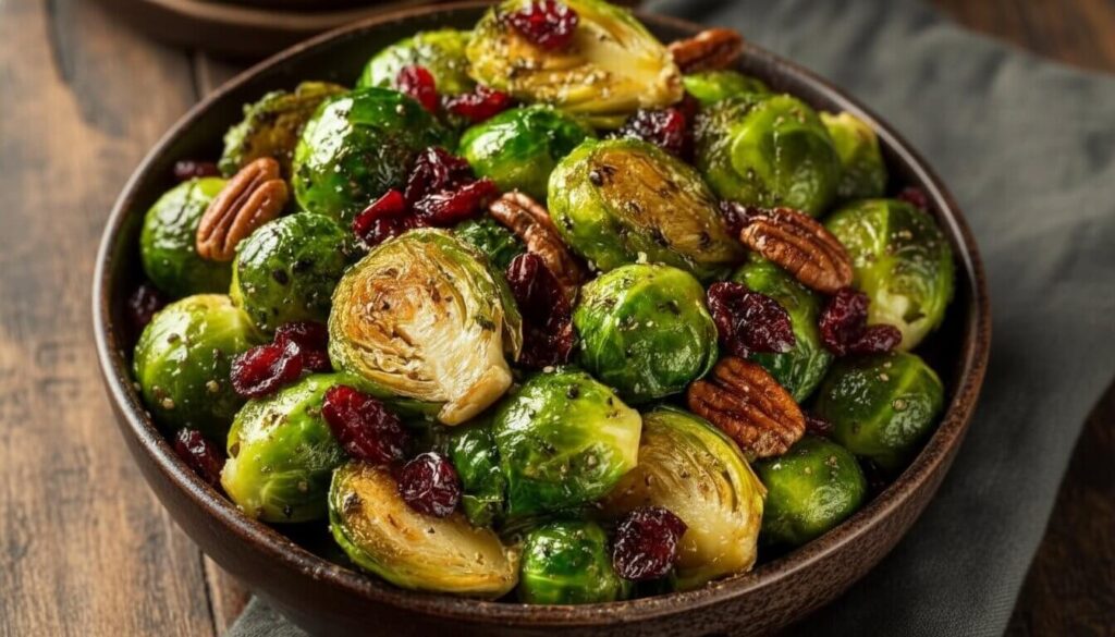 A bowl of crispy Maple-Roasted Brussels Sprouts with Cranberries and Pecans, glistening with glaze.